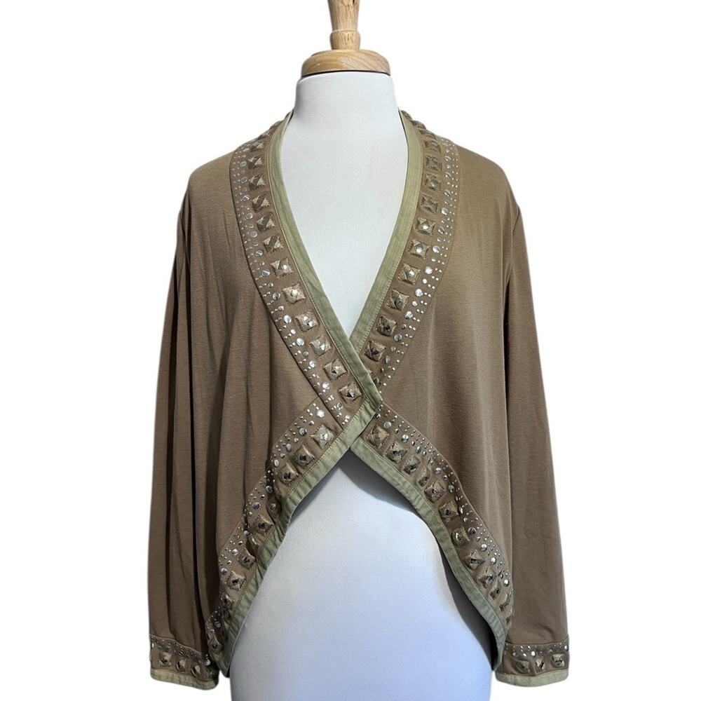Theme Cardigan Shrug Jacket Bolero Tan Ponte Knit Studded Long Sleeve Womens M